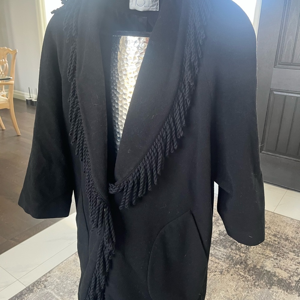 Fabulous vintage 1980s  black coat jacket with fringe new for FALL